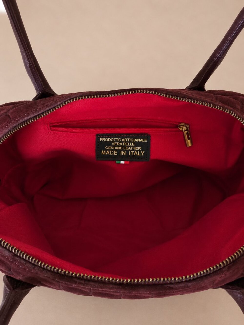 Burgundy Italian Leather & Croc-Embossed Suede Shoulder Bag – Large Dome Handbag - Picture 13 of 15